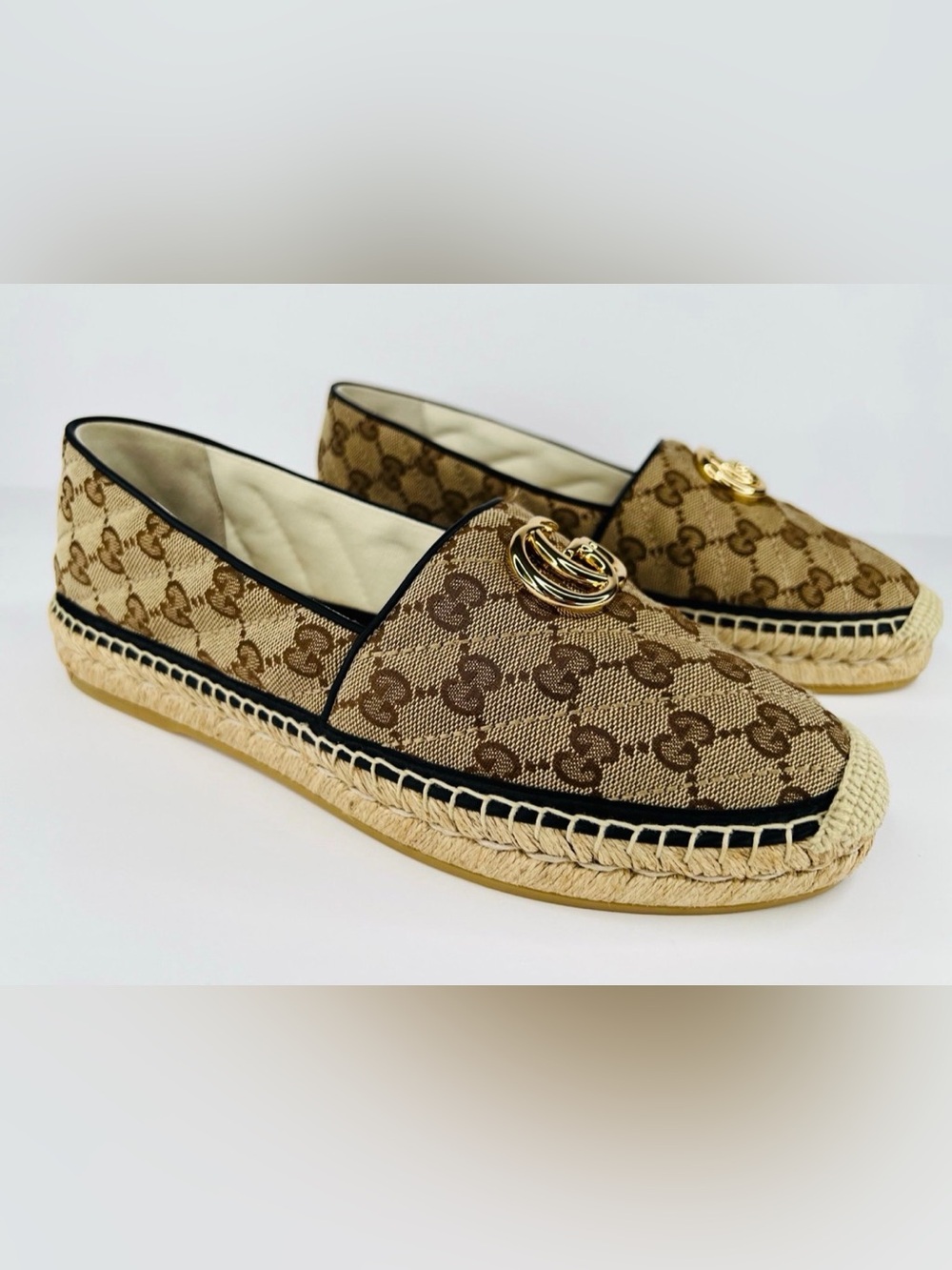 GUCCI Pilar GG Monogram Supreme Canvas Espadrille Logo Flat Loafers EU 40.5